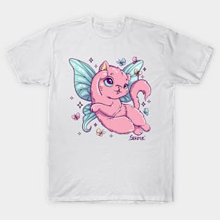 Cute flying kitten chasing colourful butterflies T-Shirt